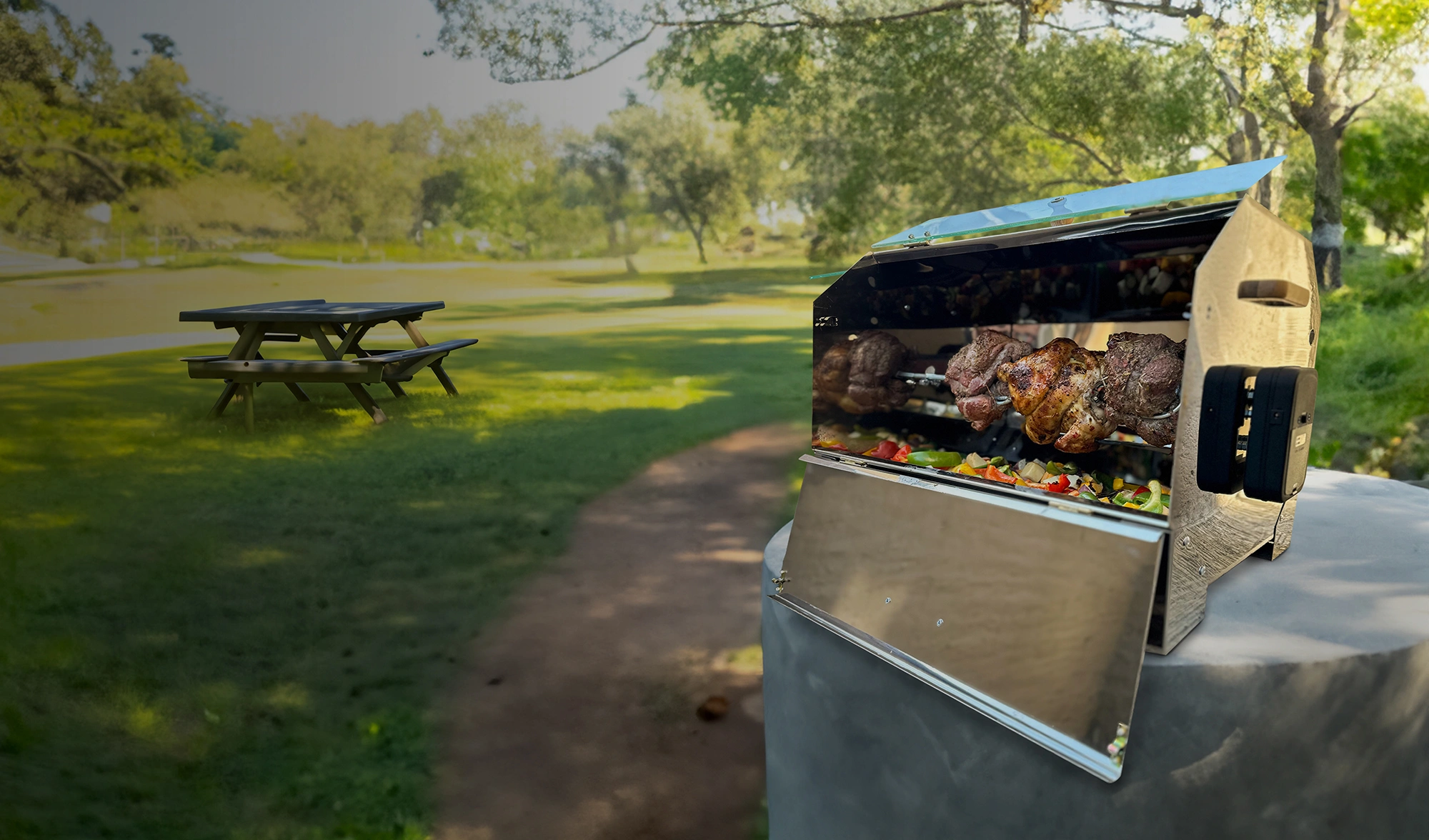A Spitbraaiers spit braai roasting meat and vegetables at a park picnic spot